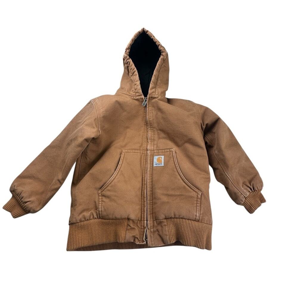 Carhartt Jacket Youth Small 7-8 Duck Canvas Zip Hooded Quilted Workwear Canvas